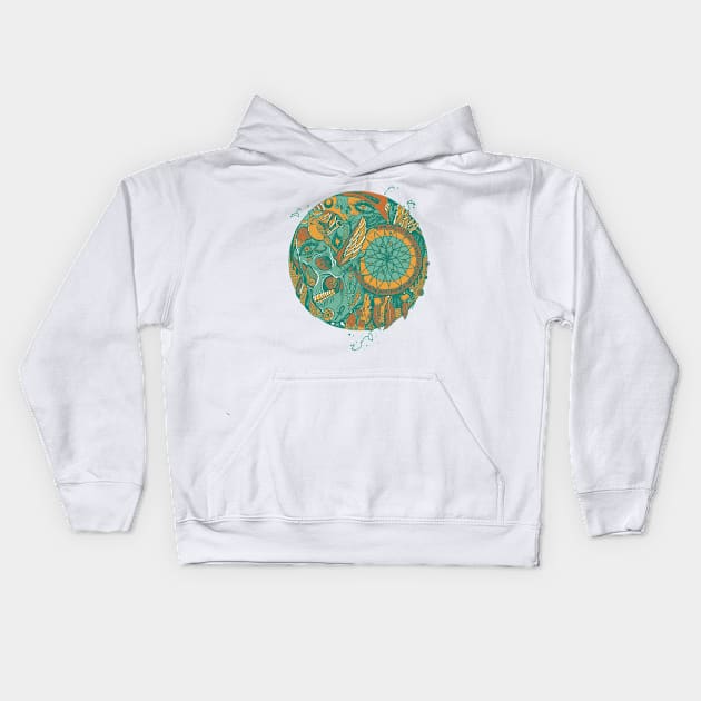 Mountain Green Skull and Dreamcatcher Circle Kids Hoodie by kenallouis